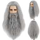 Mens Long Gray Wig with Beard Old Man Grey Wizard Wig Heat Resistant Synthetic Hair for Halloween Cosplay Costume Party
