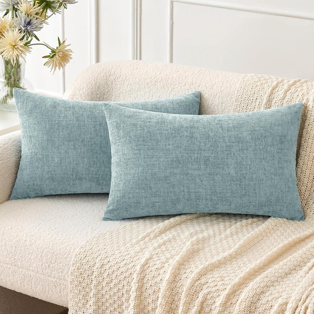 MIULEE Pack of 2 Light Blue Throw Pillow Covers 12x20 Inch Soft Chenille Lumbar Pillow Covers for Sofa Living Room Spring Home Decor Couch Solid Dyed Cases