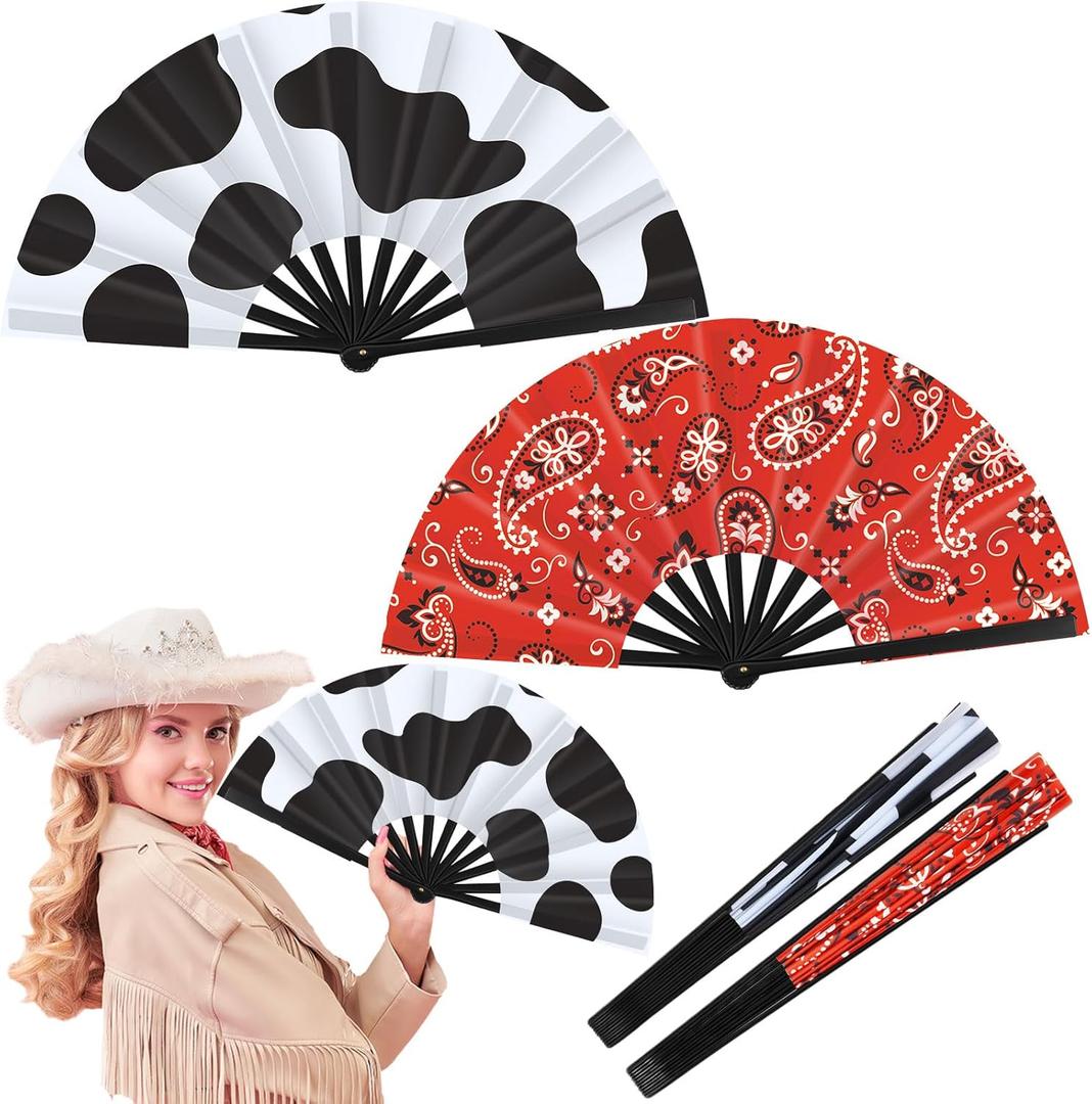 GlikCeil 2 Pcs 13 inch Folding Hand Fan Patterned Folding Fans Foldable Party Favors for Music Festivals, Club Events, Dances Cowgirl, Cowboy Accessory for Western Party (Bandanas,Cow Style)
