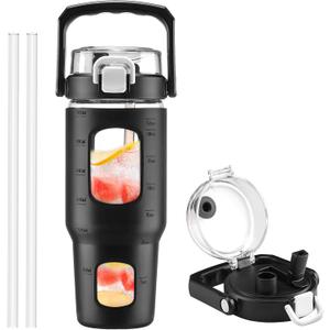 BLUEGO 32oz Glass Water Bottle with Handle and Straw|Leakproof Sports Glass Bottle with Time Marker and Silicone Sleeve|Glass Drinking Bottle for Travel, Gym, Workout, Black