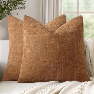 Woaboy Set Of 2 Textured Throw Pillow Covers Decorative Soft Accent Square Chenille Pillowcases Neutral Farmhouse Cushions Modern Home Decor for Couch Sofa Bedroom Living Room 22x22 Inch, Bronze