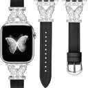 JR.DM Leather Watch Bands for Women Compatible with Apple Watch 46mm 42mm(S3/2/1) 44mm 45mm 49mm Silver Bling Butterfly Connector Slim Leather Strap for iWatch Series 11/10/9/8/7/6/5/4/3/2/1/SE/Ultra