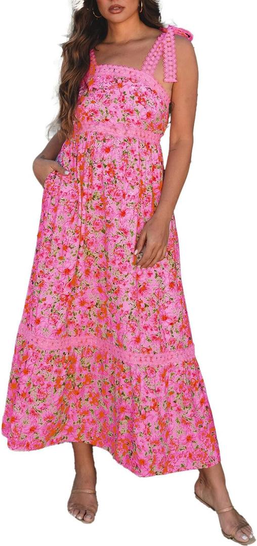 Opemiby Womens Maxi Dress Spring Summer Sleeveless Lace Strap Empire Waist A Line Side Pockets Beach Casual Long Dresses (S)