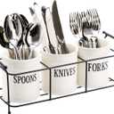 Bekith 3-Piece White Ceramic Silverware Caddy with Black Metal Rack, Utensil Holder Flatware Caddy Cutlery Storage Organizer for Kitchen Table, Cabinet or Pantry