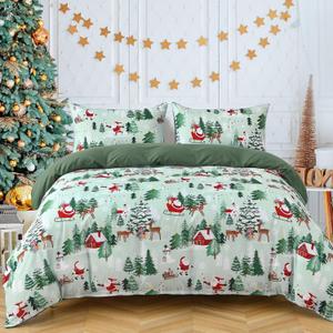 Christmas Duvet Cover Queen Size Set - Extra Soft Queen Duvet Cover with 2 Pillow Shams - Holiday Xmas Bedding with Zipper Closures and Ties - Comfy, Cozy, Breathable Bed Set, Green Tree