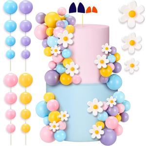 63 Pcs Blue Dog Cake Toppers with Balls Cake Picks and Flowers for Birthday Decoration Groovy Pastel Cupcake Inserts Hippie Wedding Party Supplies