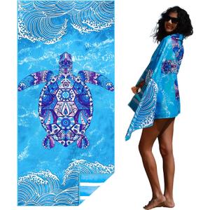 Microfiber Thin Lightweight Beach Towel Sand Free Quick Dry Absorbent Compact Towels for Swimming Pool Camping Beach Accessories Large Easy Pack Travel Things for Vacation Essentials Adult Gift (32x71 inch, Turtle Waves)