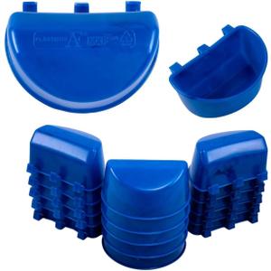 Plastic cage cup feeder halfmoon shape Blue, 24 Pieces. Chicken, pigeon, bird, rabbitt, hamster, guinea pig, small pets. With hangers.