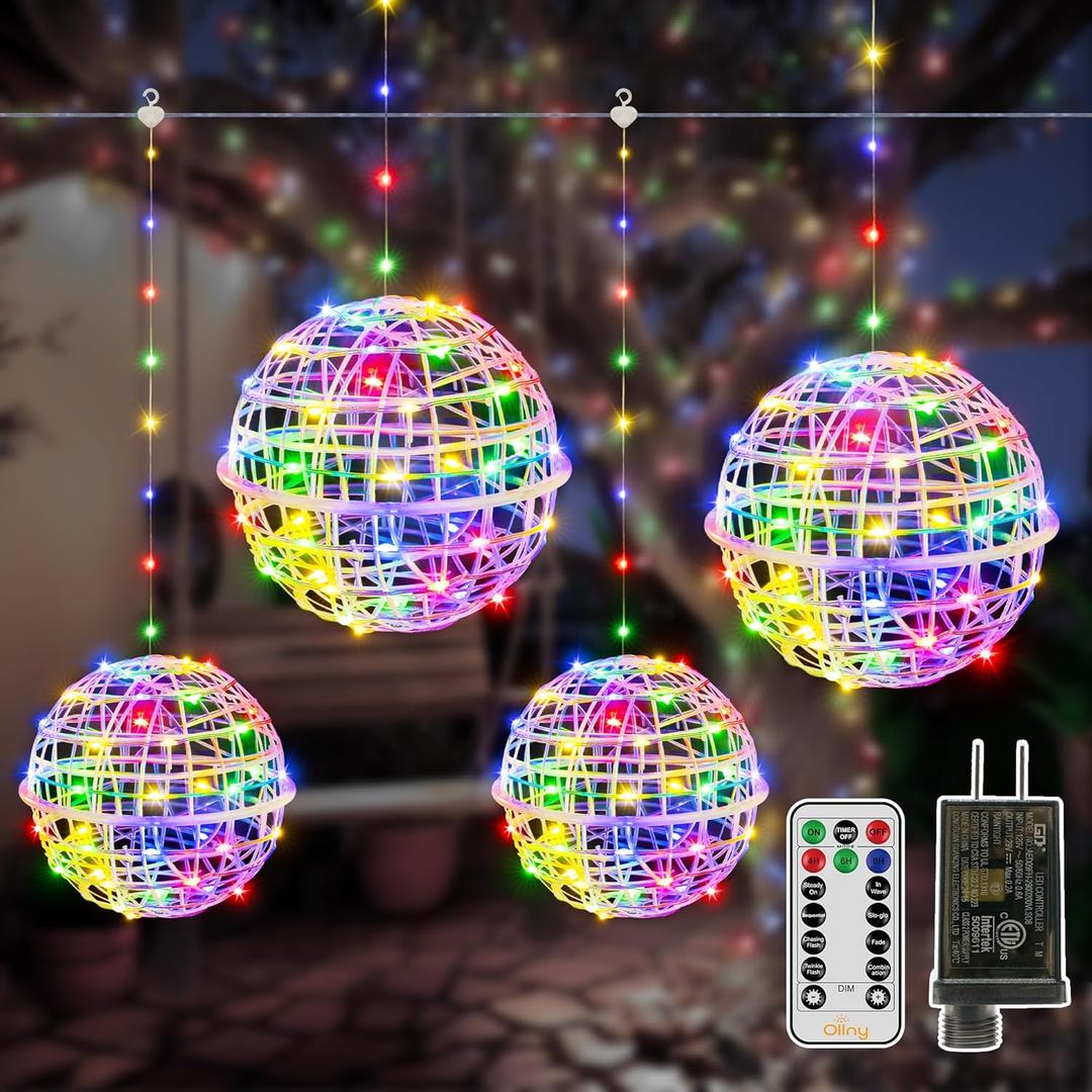 Ollny Christmas Lights Outdoor 4Pack 7.87inch, Multicolor 200 LED Ball Light with Plug in Remote, 8 Modes IP67 Waterproof Connectable Sphere Tree Lights for Indoor House Yard Garage Decorations