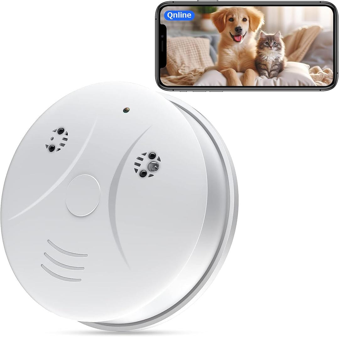 Wireless WiFi Smart Camera Smoke Detector 1080P Video Indoor Nanny Camera for Pets Home Security Wall Mount Night Vision, Loop Filming, Motion Detection, Live Viewing, Android iOS Free App, No sound