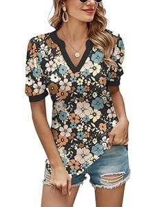 Romanstii Women's Short Sleeve V-Neck T-Shirts Ladie Blouse Tops, Black Daisy, M