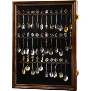36 Souvenir Tea Spoon Display Case Collection Collector Rack Wall Mount Wooden w/98% UV Acrylic Door LockableFire Burning Color (36Spoon)
