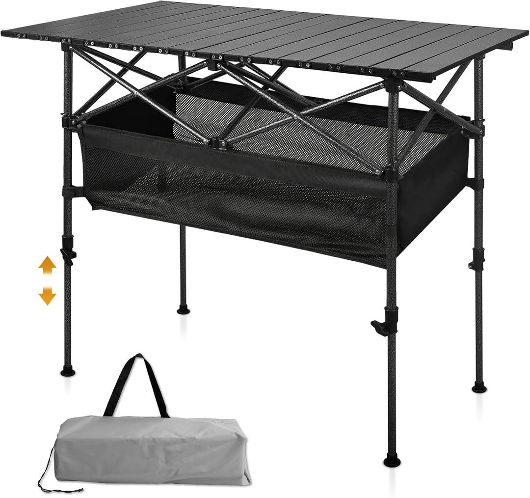 Folding Camping Table, Outdoor Roll-up Table Height Adjustable & Portable Metal Camp Grill Table for Picnic, BBQ, Party, Backyard, Beach, Mesh Storage and Carry Bag (Ash Black, 37.4'' Large)