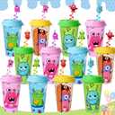 AFZMON 24 Monster Party Decorations Cups with Lids and Crazy Straws for Kids- Monster Plastic Fun Cups Birthday Party Favors Goodie Bag Stuffers for Toddler
