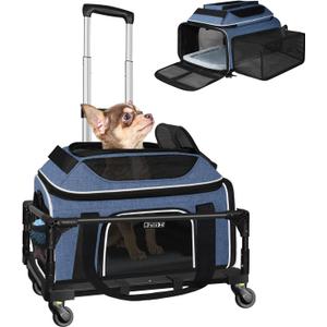 Petskd Top and Side Expandable Pet Carrier with Wheels 18x13x9.5 Inches Southwest Airline Approved, Soft-Sided Carrier for Small Cats and Dogs with Locking Safety Zippers and Anti-Scratch Mesh(Blue)