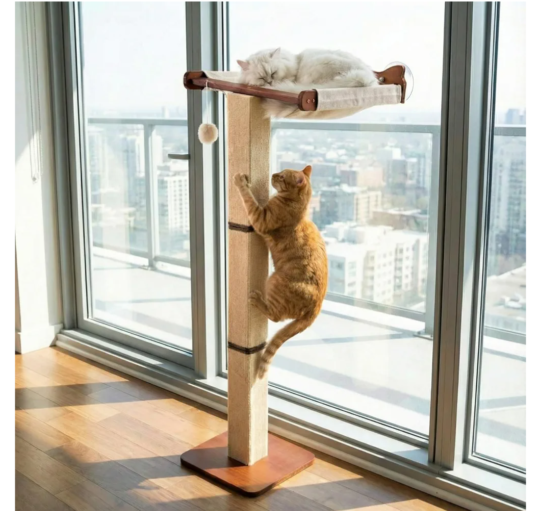 Sintuff Cat Window Perch with Scratching Post Climbing Tree Hammock Mounted with Suction Cups 46 Inch Tall Adjustable Narrow Cat Tree Climbing Pole for Playing Sleeping Watching Birds(Square)
