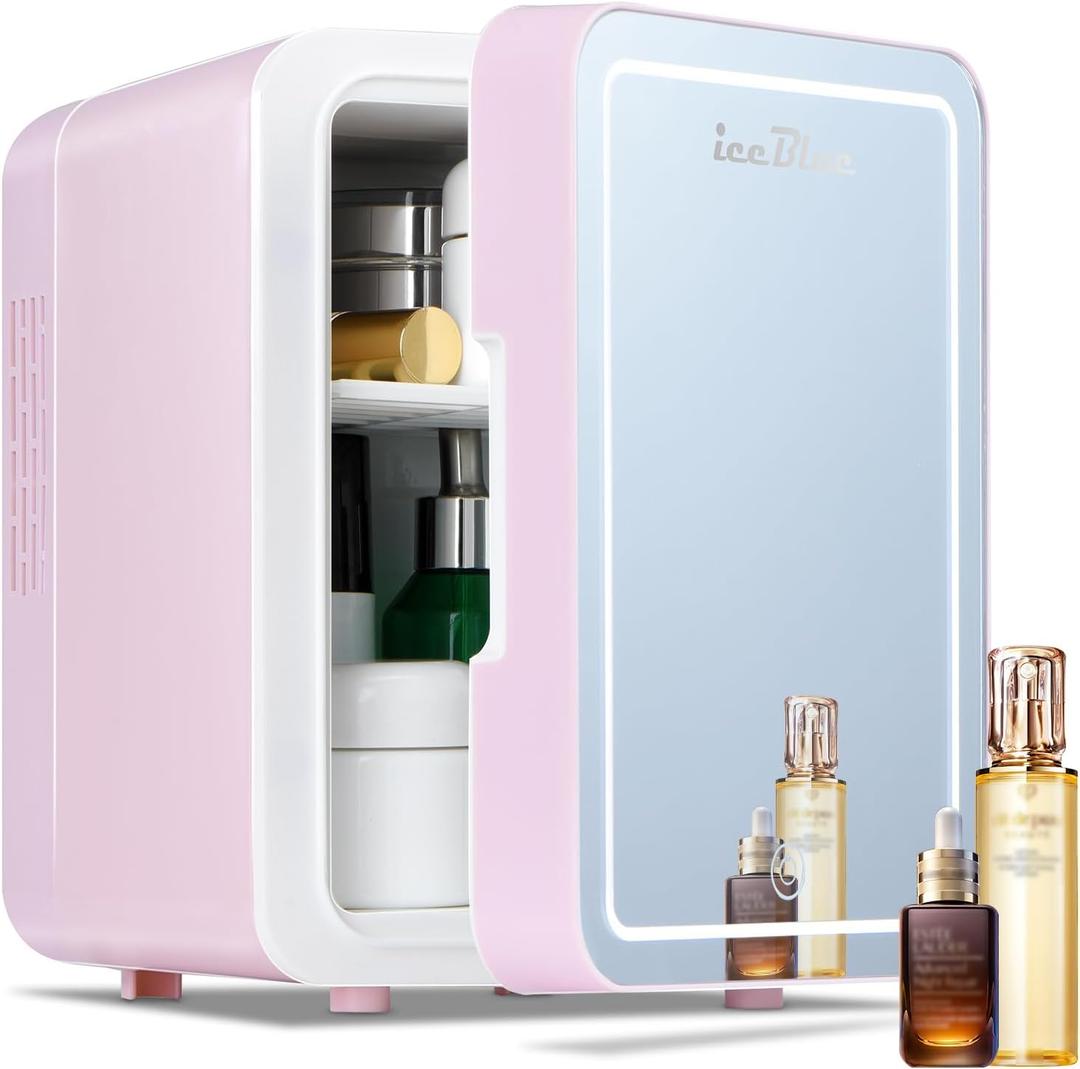 Iceblue 4L Dimmable LED Light Mirror Mini Fridge, Skincare Fridge with Thermoelectric Cooling Function for Cosmetics and Skincare, AC & DC Mini Beauty Refrigerator - Pink