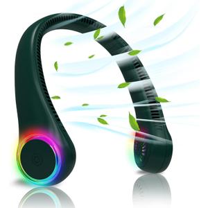Bladeless Portable Neck Fan - Rechargeable Hands Free USB Personal Fan Battery Operated with LED lights for Home Office Travel Indoor Outdoor (Dark Green)