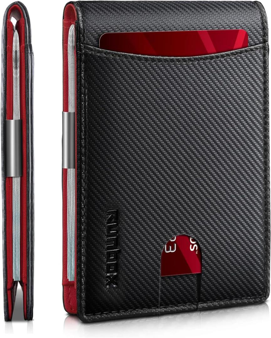 RUNBOX Slim Money Clip Wallets for Men RFID Blocking 11 Card Holder Minimalist Small Leather Bifold Men's Front Pocket Wallet Gift Box (Modern Carbon Black n Red)