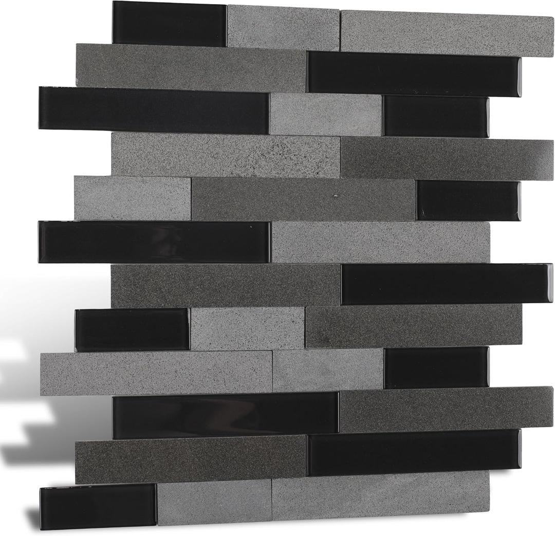 5-Sheet Peel and Stick Mosaic Natural Real Stone Glass Self Adhesive Marble Tiles, 12" x 12" Backsplash for Kitchen Bathroom Fireplace Vanity, Black