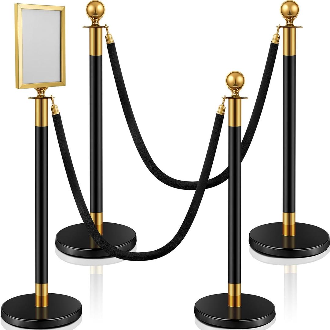 Ferraycle 4 pcs Stainless Steel Crowd Control Stanchion Velvet Ropes 5 ft Carpet Poles Hollow Base Crowd Control Barriers Velvet Ropes and Posts with Stanchion Sign Holder(Black Gold)