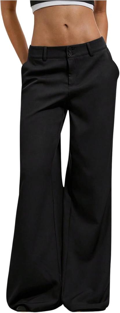 GORGLITTER Women's Dress Pants Low Rise Wide Leg Trousers Business Casual Work Dressy Low Waisted Straight Slacks Pants (Black, S)