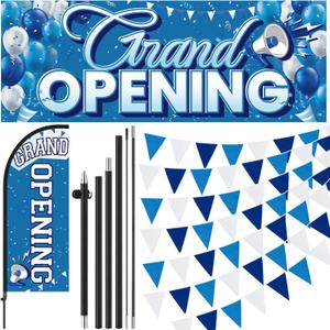 Fanfanwin 7 ft Blue-white Grand Opening Feather Flag for Business Grand Opening Banner Decoration with Pole Kit Tall Advertising Pennant Banner Bunting String Triangle Flags Set for Outside Store Sign