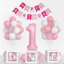 Yumiche Baby Girl First Birthday Decorations-Pastel Pink White Balloons, 40 Inch Pink 1 Balloons, Happy Birthday Banner One Balloon Boxes For 1 Year Old Girl BD Decorations