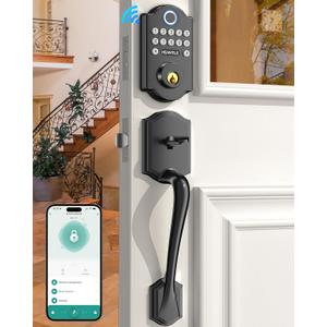 Smart WiFi Door Lock Set: HEANTLE Keyless Entry Front Door Lock Fingerprint Electronic Digital Keypad Deadbolt with Handles Set App Remote Control Alexa Voice Auto-Lock (Black)