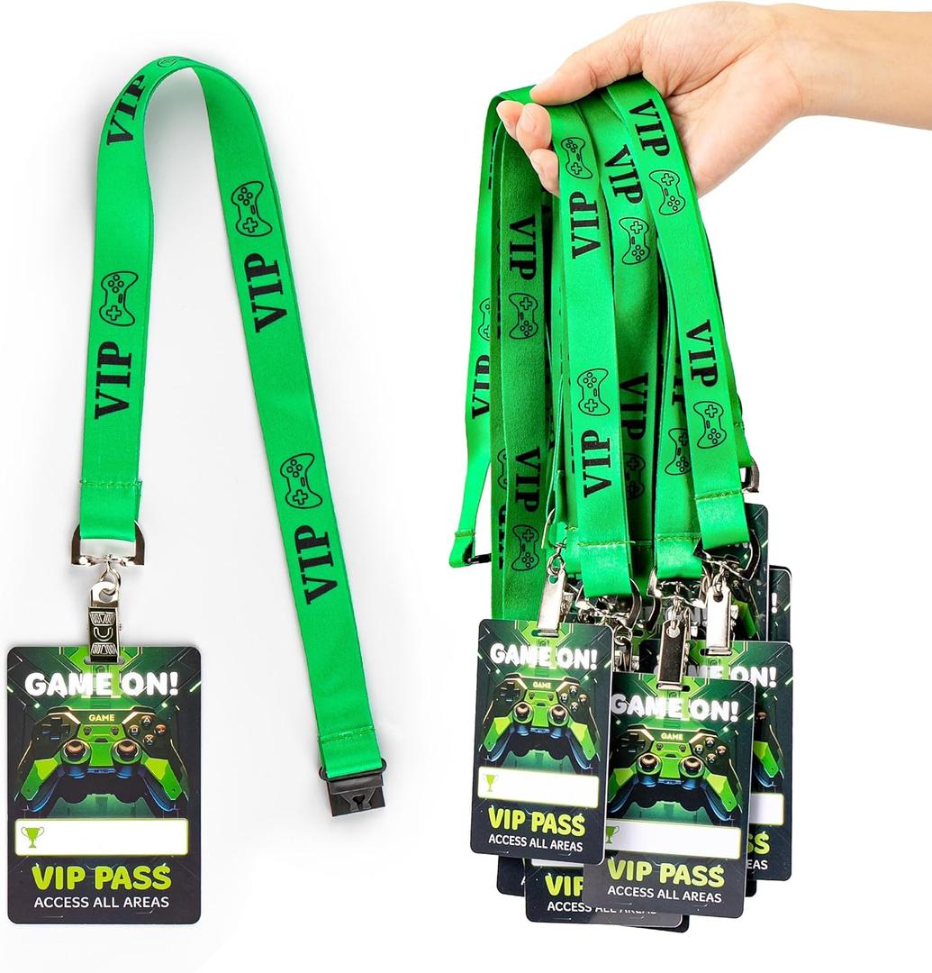 25 Sets Video Game Vip Badge Lanyards PVC Pass Holder Video Game Party Favors Tickets Invitation for Gamer Birthday School Activities Supplies 3.94 x 2.75inch Green