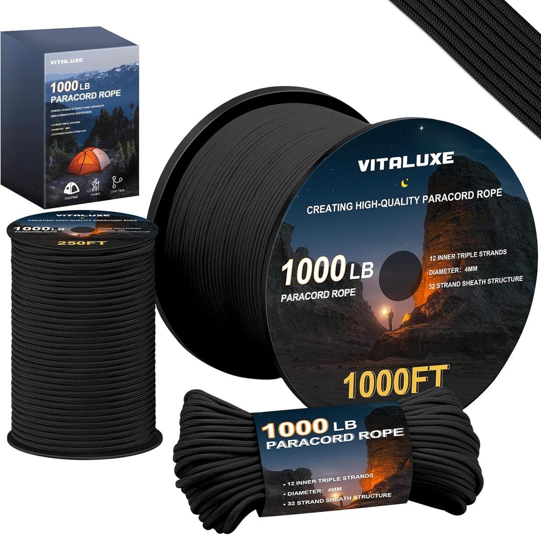 1000lb Paracord Rope, 4mm 12 Triple Strands Paracord, Heavy Duty Tactical Parachute Cord for Survival Gear, Camping, Hiking, and Ideal for Bracelets, Lanyards, Type III (100ft, black)