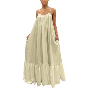 Adogirl Women's Sexy Spaghetti Strap Sleeveless Ruched Ruffle Hem Bandage Oversized Beach Loose Long Maxi Swing Dress (XX-Large)