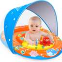EZIGO Baby Pool Float with Canopy UPF 50+ Sun Protection, Double Air Chambers Infants Swimming Floats with Sound Toys Adjustable Safety Seat Toddler Float for Boys and Girls 6-36 Months (Orange-Blue)