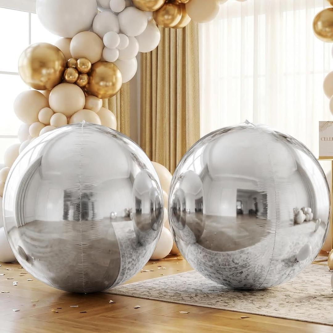 Shappy 2 Pcs Giant Silver Balloons Large 4d Round Ball Balloons 60 Inch Giant Huge Aluminum Shiny Foil Balloon for Wedding Birthday Bachelorette Graduation Baby Shower Party Decoration