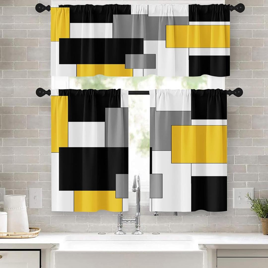 Yellow Kitchen Window Curtains Valance and Tier Set, Black Grey White Modern Rod Pocket Short Tier Curtain, Abstract Art Small Cafe Drapes for Kitchen Decor 52" x 24"
