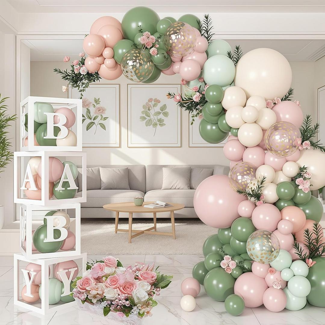 152Pcs Floral Balloon Arch Kit, Girl Baby Shower Decorations with Letters & Boxes, for Baby Shower, Birthday & Gender Reveal Parties (Pink and Sage Green, Multi-Size)