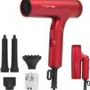 TOME Dual Voltage Travel Hair Dryer, Foldable Blow Dryer, DC Motor, 1200W Fast Drying, Cool Shot, 3 Heat 3 Speed, Nozzle, Diffuser, Air-Powered Wrap Wands, 120–240V Universal Adapter Red