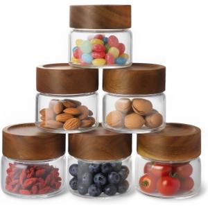 6-Pack 4 oz Stackable Airtight Glass Canisters with Acacia Lids - Small Mason Jars for Overnight Oats, Spice Storage, Herb Keepers, Pantry Organization and Dry Food Storage