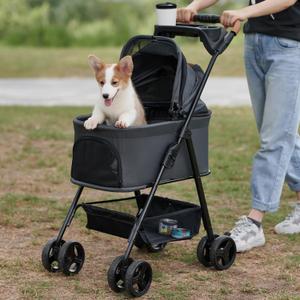 3 in 1 Pet Stroller with Removable Carrier, Folding Stroller for Small/Medium Dogs and Cats, Waterproof, All-Terrain, with Sun Shades, Car Seat (Dark Gray)