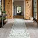 Hazo Haus Oushak Wide Hallway Runner Rug 2'6"x8' - Vintage Turkish Floral, Washable Low Pile Non Slip Extra Long Runners for Kitchen, Hall Way - Cream Blue and Green