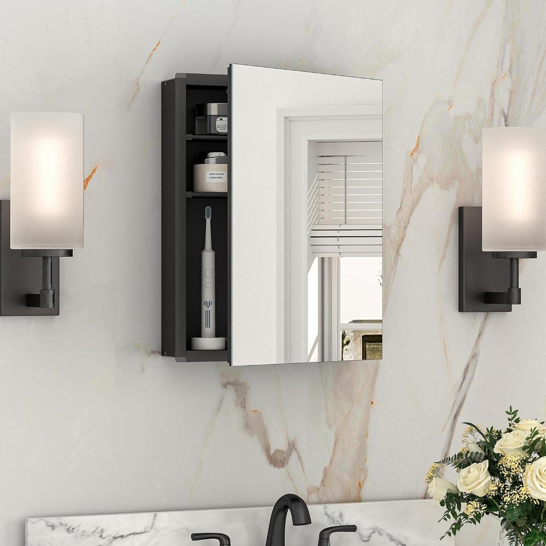 Keonjinn Black Medicine Cabinet with Mirror 14" x 18", Adjustable Shelves