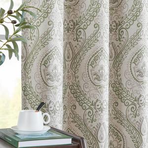 jinchan Linen Textured Curtains for Living Room Darkening, Medallion Drapes for Bedroom, Damask Pattern Window Treatments Vintage Curtain Panels, 2 Panels Sage Green on Greige, 52x96