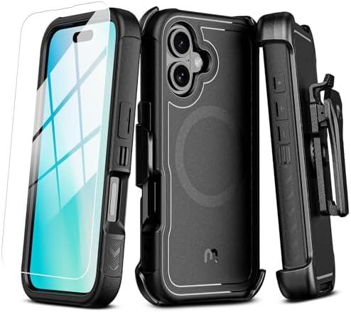 M MYBAT PRO Maverick Series iPhone 16 6.1 Case with Belt Clip Holster,[Compatible with Magsafe] w/Screen Protector,Anti-Drop,Shockproof,with 360°Rotating Kickstand,Heavy Duty Protection Black