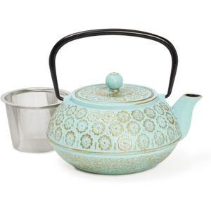 Juvale Teal Floral Cast Iron Teapot Kettle with Stainless Steel Loose Leaf Infuser (34 oz)