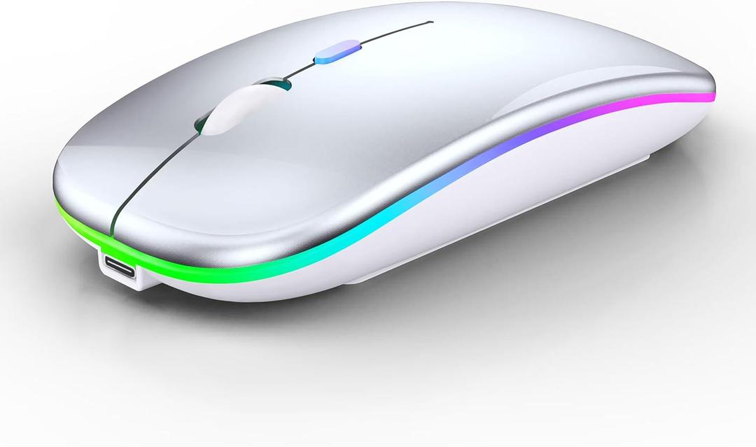 WREANU Wireless Bluetooth Mouse Rechargeable Laptop Mice with LED Lights Silent Slim Use(BT5.2 and 2.4G Portable USB Receiver)Dual Mode Computer Mouse for Laptop/ iPad/ Tablet/ Apple/ Computer/ Mac(Silver)