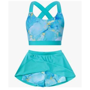 Cutemile Little Girls Two Piece Tankini Swimsuit Summer Boyshort Bathing Suit Beach Rash Guard Swimwear 13T Years Blue Marble