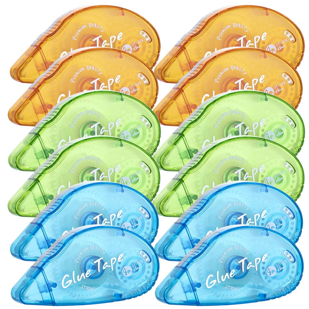 12 Pack Double Sided Tape Roller, Scrapbooking Tape, Permanent Adhesive Tape Dispenser Runner for Crafts and Arts Projects, Photo-Safe (Yellow+green+blue)