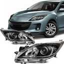 SCITOO Headlight Assembly Fits for Mazda 3 2010 2011 2012 2013 Black Housing Clear Reflector Clear Lens