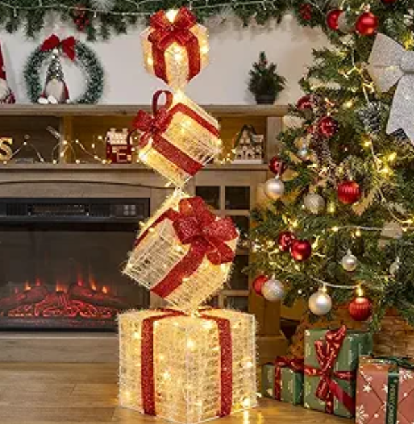 SANHSEHOME Set of 4 Lighted Gift Boxes, 3.3FT 70 LED Stackable Light Up Present Boxes for Christmas Decorations Indoor Porch Home Decor(4 Pack)