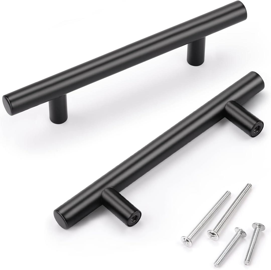 KNOBWELL 6 Pack 3-3/4" Black Drawer Pulls, T Bar Modern Kitchen Cupboard Handles Bathroom Cabinet Pulls, Round Black Handles 5-9/10 Inch Length